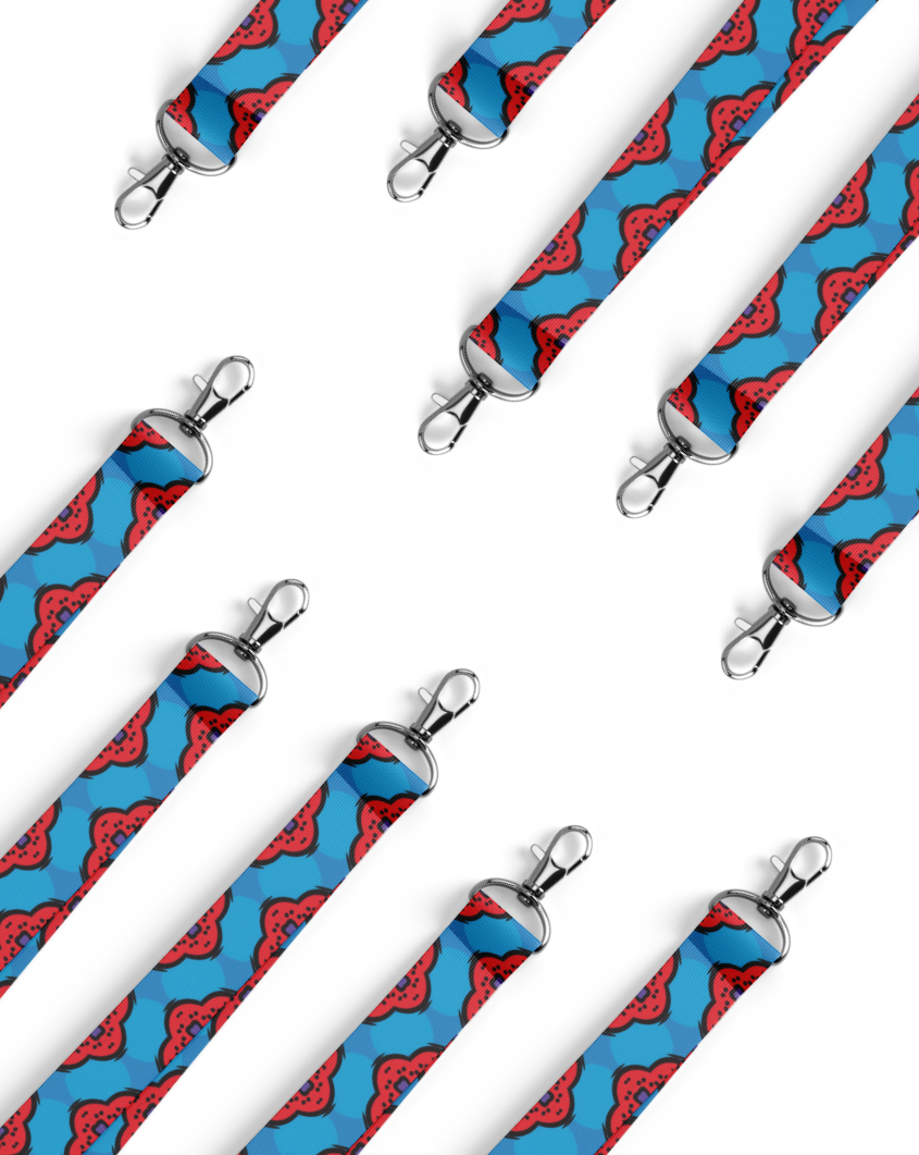 red and blue printed lanyard